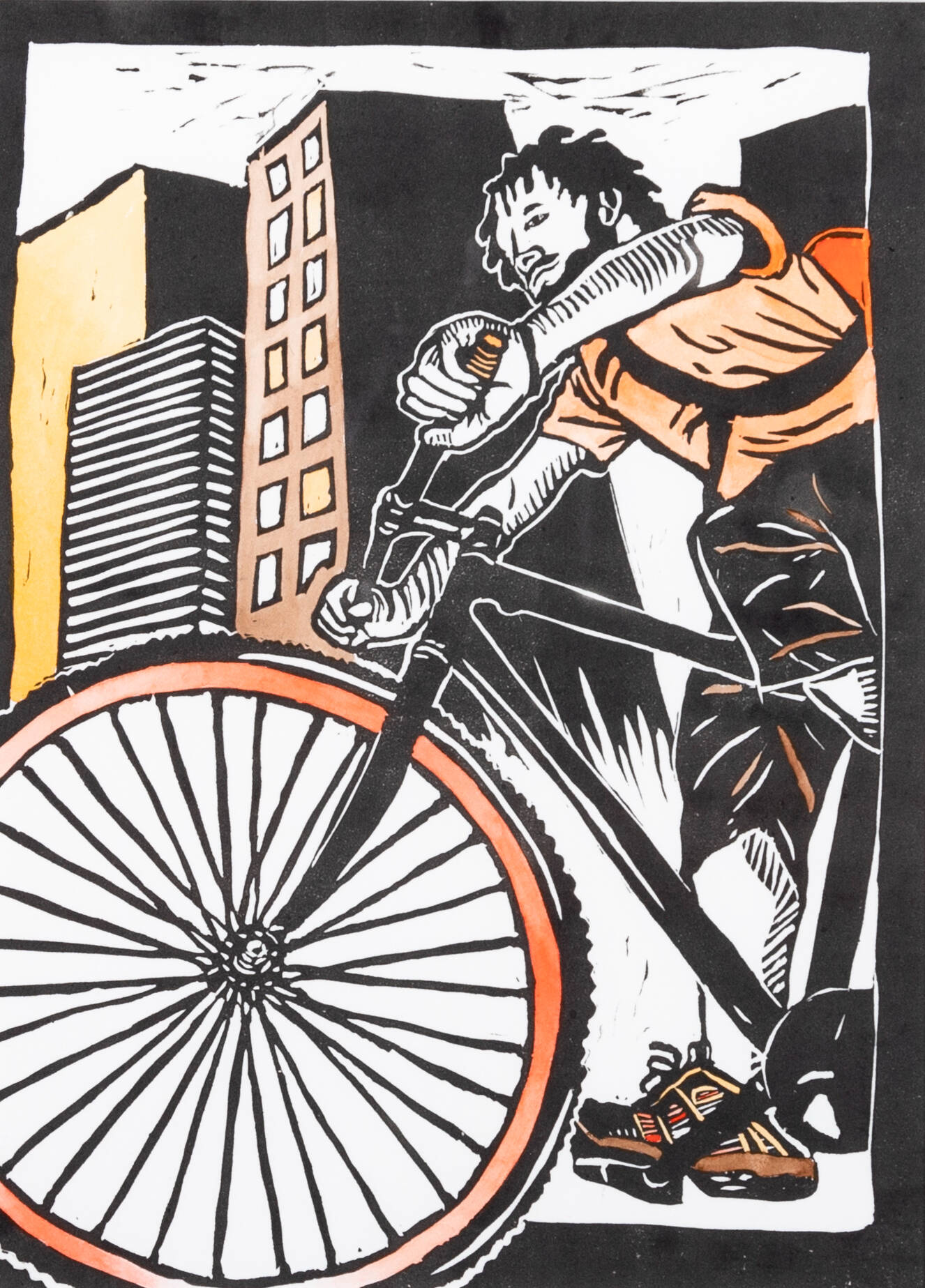 Black, white and shades of orange print of a man on a bicycle with buildings behind him.